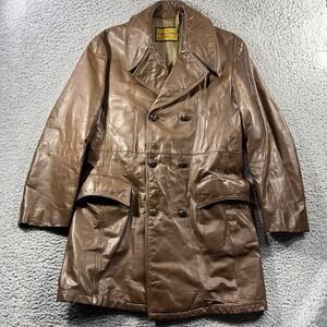 VINTAGE A ROBERT LEWIS IDEA LEATHER TRENCH JACKET MENS 40 BROWN 70s BUTTON COAT